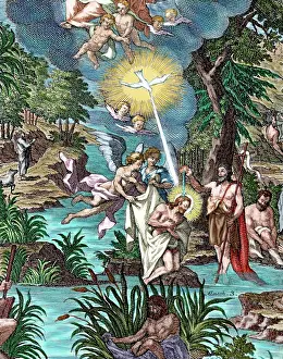 Baptism: Baptism of Jesus. Colored engraving