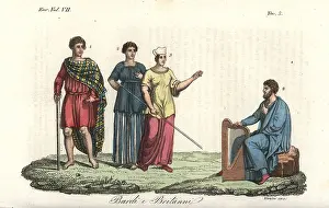 Multicolored: Bard in sky-blue robes and ancient Britons