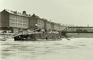 Demel: Barge loaded with logs on the Danube canal