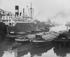 Barges: Barges and freighter in harbour of Bremen, Germany