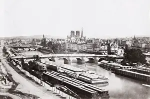 Barges: Barges, swimming baths, River Seine, Notre Dame, Paris