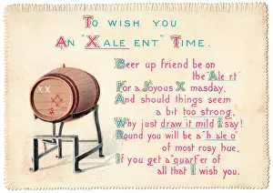 Puns: Barrel of beer with comic verse on a Christmas card