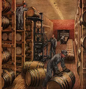 Whiskey: Barrels of Whiskey Aging in the Rackhouse