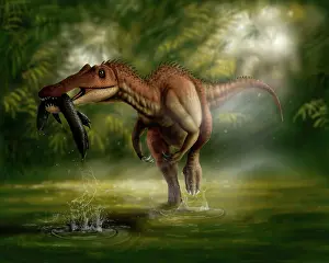 Rippled: A Baryonyx dinosaur catches a fish out of water
