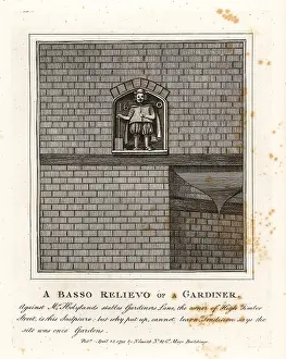 Cripplegate: Bas-relief of a gardener on the wall of Mr. Holylands