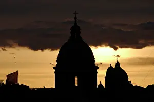 Corso: Basilica of Carlo al Corso at sunset. Backlight. Rome