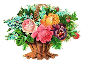 Forgetmenot: Basket of assorted flowers on a Victorian scrap