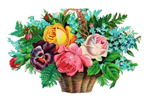 Forgetmenot: Basket of assorted flowers on a Victorian scrap