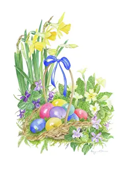 Primroses: Basket of coloured eggs with spring flowers