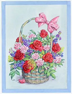 Carnations: Basket of Flowers with pink bow ' roses, etc
