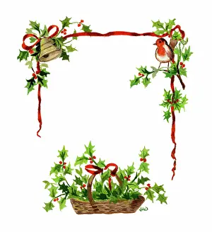 Ockenden: Basket of holly with robin and bell