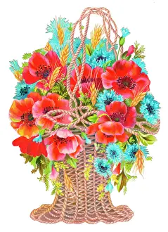 Cornflower: Basket of poppies and cornflowers on a Victorian scrap