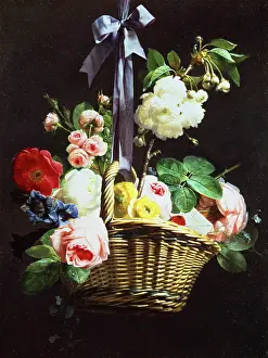 Gentians: Basket with Roses and Gentians