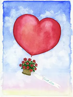 Streamer: Basket of roses under a heart shaped balloon