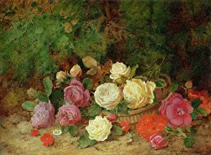 Geraniums: Basket with yellow & pink roses