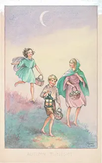 Waning: Three with baskets and lantern, waning crescent moon