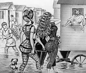 Bathers: Bathers with bathing machines in Ostend, 1885