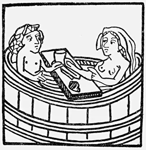 1481: bathing, bathtub, couple eating while bathing
