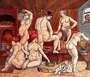 Voyeur: bathing, women's baths, women's bath, woodcut