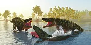 Rearing: Two Batrachotomus reptiles corner a Mastodonsaurus