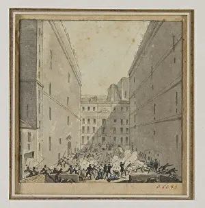 Watercolor: Battle in the main courtyard of the Bastille prison