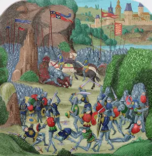 Chronicles: Battle of Otterburn. August 5, 1388. Engraving. Colored