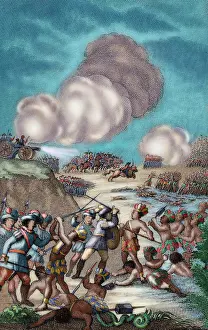 Bearded: Battle between spaniards and indians of Tabasco. Colored eng