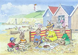 Bunnies: Beach Huts ' bunnies picnic on the beach
