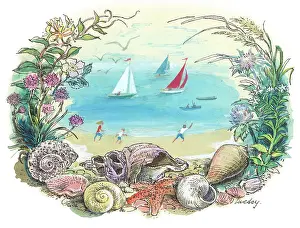 Rosalie: Beach & sailing boats with seashells & flowers