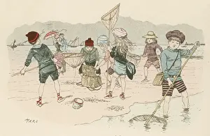 Shrimping: Beach scene: Children shrimping at Ostend, - circa 1885