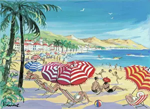 Sunbathers: Beach Scene with palm trees, striped umbrellas