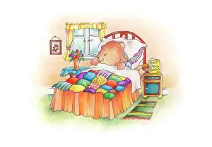 Quilt: Bear in bed with patchwork quilt