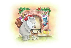 Stroking: Bear Father Christmas and cat on the hearth