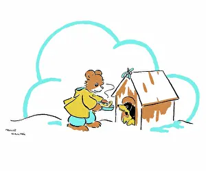 Willing: Bear feeding dog in a kennel