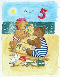 Sandcastle: Two Bears Building a Sandcastle on a beach with seagull, she