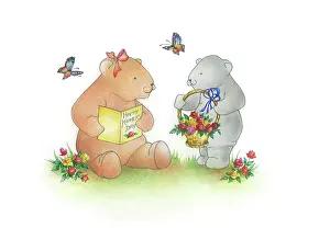 Pedley: Two bears with card and basket of flowers
