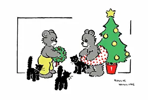 Willing: Bears and kittens beside a Christmas tree