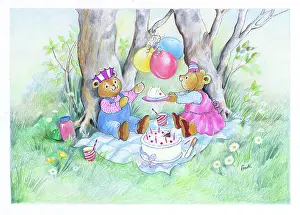Endersby: Two bears picnicking, with birthday cake
