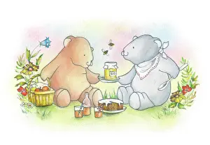Pedley: Two Bears picnicking with jar of honey & cake
