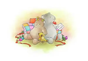 Pedley: Two bears sitting with teddy, ribbons and holly