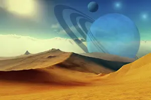 Planets: A beautiful desert planet and its moons