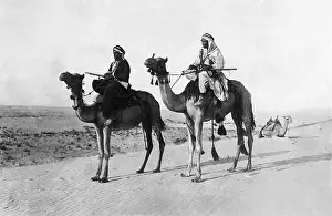 Succeeded: Two Bedouins on camels in Sinai desert, WW1