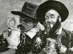 Americana: Beer drinkers. Engraving by Roman Ribera. La Ilustracion Esp