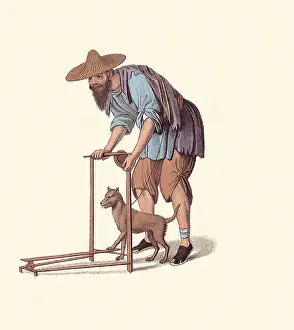 Fastened: Beggar and Trained Dog