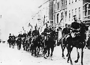 Lancers: Belgian cavalry in a Brussels street, WW1