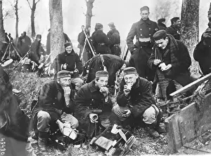 Snack: Belgian soldiers eating dinner, northern France, WW1