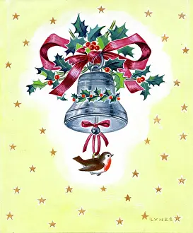 Clapper: Bell with holly, red ribbon and robin