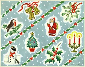 Diagonal: Bells, Robin, Mistletoe, Father Christmas etc