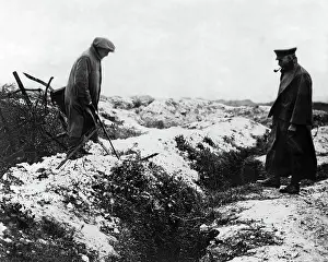 Tillett: Ben Tillett looking at a German trench, Western Front, WW1