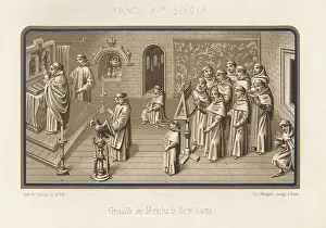 Auguste Racinet: Benedictine monks celebrating mass, 12th and 13th century